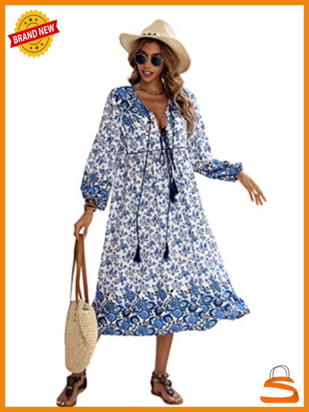 R.Vivimos Long Sleeve Boho Floral Midi Dress Rayon Cotton